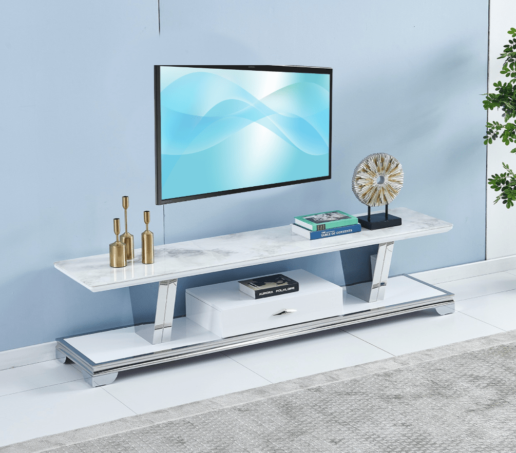 Meuble TV en marbre couleur blanc argenté 180 cm